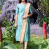 Raw silk slub fancy zari checks with golden tissue dupatta - cyan green 2