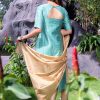 Raw silk slub fancy zari checks with golden tissue dupatta - cyan green 1