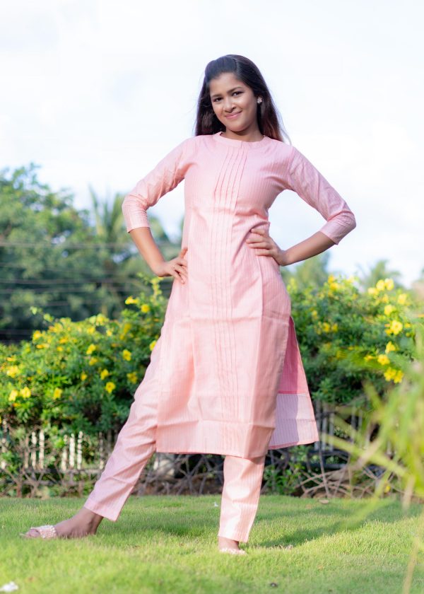 tusser silk pastel baby pink color muthu stripes top and bottom with olive dupatta - baby pink 4