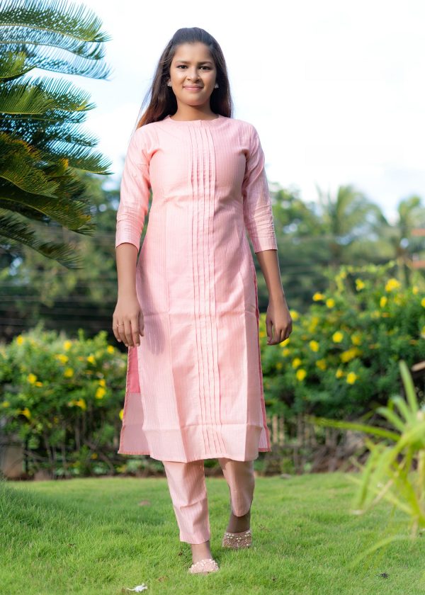 tusser silk pastel baby pink color muthu stripes top and bottom with olive dupatta - baby pink 3