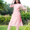 tusser silk pastel baby pink color muthu stripes top and bottom with olive dupatta - baby pink 2