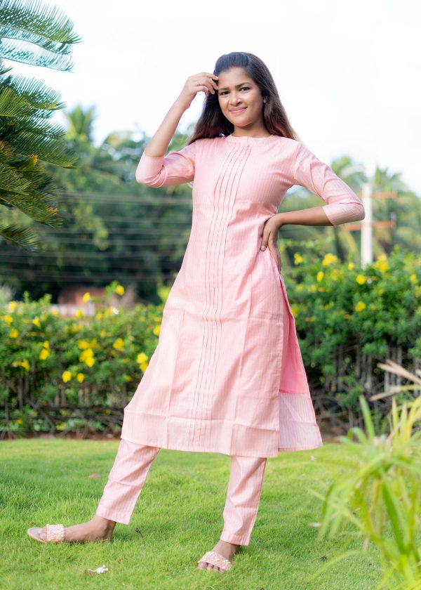 tusser silk pastel baby pink color muthu stripes top and bottom with olive dupatta - baby pink 2