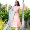 tusser silk pastel baby pink color muthu stripes top and bottom with olive dupatta - baby pink 1