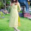 Tusser Silk Pastel Gold Zari Stripes Kurthi with Dupatta - Olive Green 1