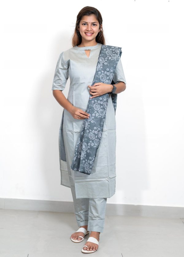 Tusser Silk Pastel Color Plain Top and Bottom with Kota Check Print Dupatta (Grey) 2