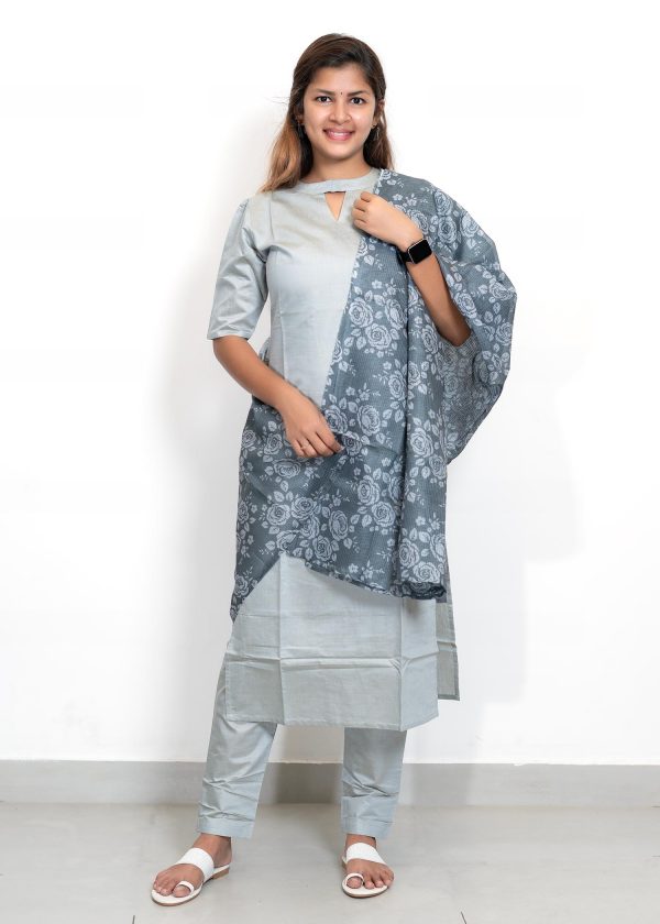 Tusser Silk Pastel Color Plain Top and Bottom with Kota Check Print Dupatta (Grey) 1