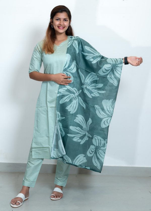 Tusser Silk Pastel Green Color Plain Top and Bottom with Kota Check Print Dupatta (Green) 1