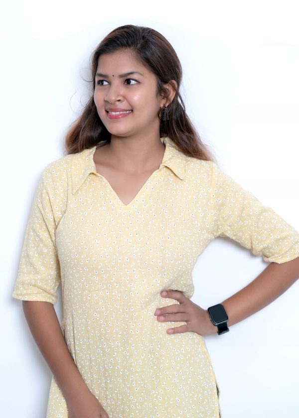 Linen Mul Print Slitted Kurthi (Yellow)