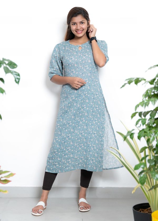 linen mul print slitted kurthi (blue) 3