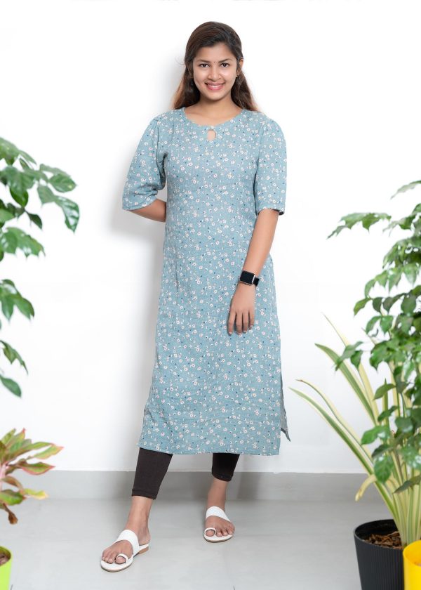 linen mul print slitted kurthi (blue) 2