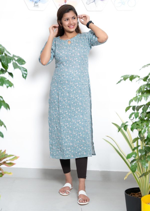 linen mul print slitted kurthi (blue) 1