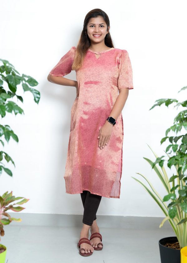 Tissue Digital Print Slitted Kurthi (Pink) 3