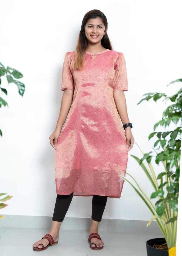 Tissue Digital Print Slitted Kurthi (Pink) 2