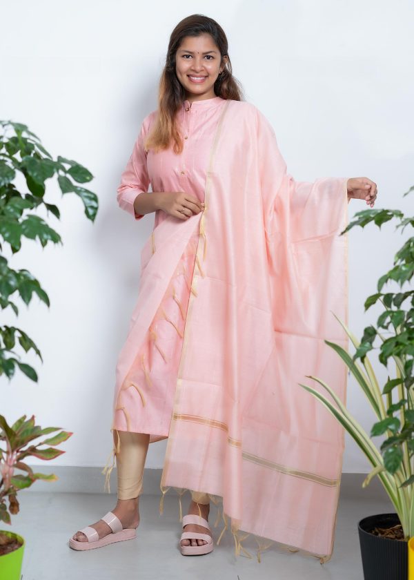 Tusser Silk Pastel Color Gold Zari Stripes Top and Dupatta (Pink) 1