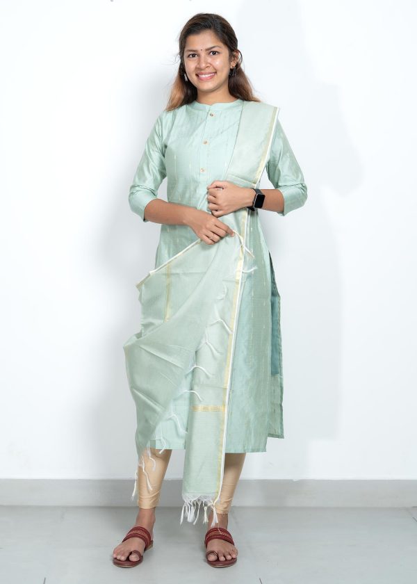 Tusser Silk Pastel Color Gold Zari Stripes Top and Dupatta (Pista Green) 1