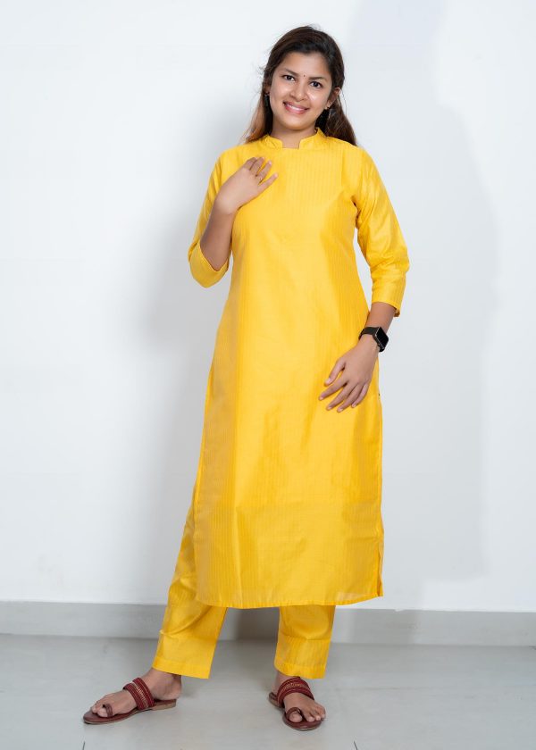 Tusser Silk Pastel Yellow Color Muthu Stripes Top and Bottom with Grey Dupatta (Yellow) 3