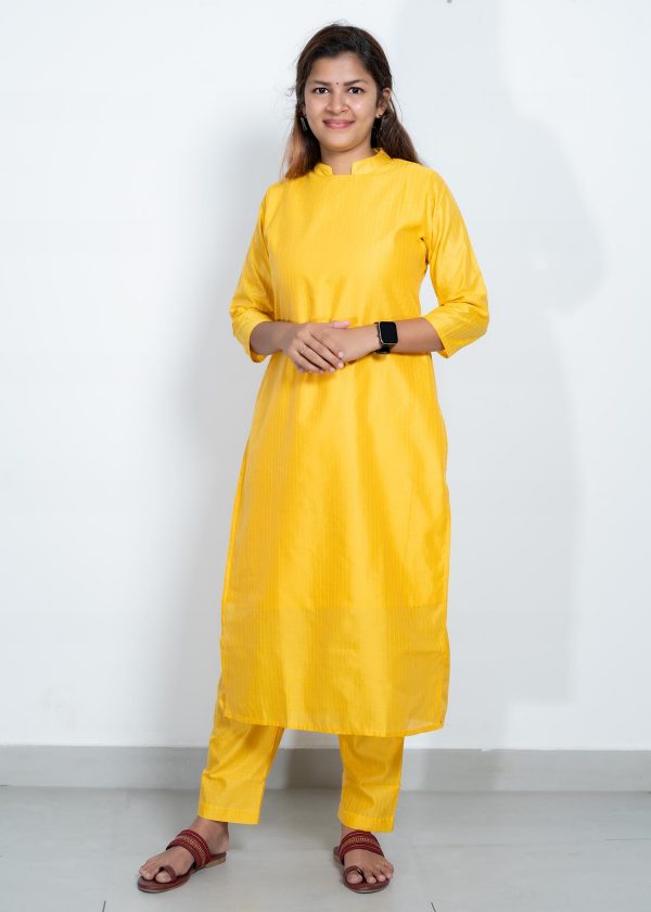 Tusser Silk Pastel Yellow Color Muthu Stripes Top and Bottom with Grey Dupatta (Yellow) 2