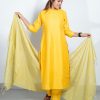 Tusser Silk Pastel Yellow Color Muthu Stripes Top and Bottom with Grey Dupatta (Yellow) 1