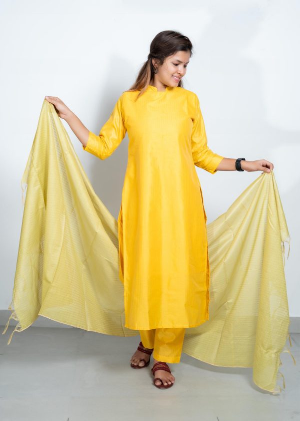 Tusser Silk Pastel Yellow Color Muthu Stripes Top and Bottom with Grey Dupatta (Yellow) 1