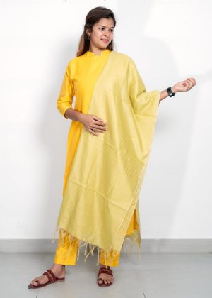 Tusser Silk Pastel Yellow Color Muthu Stripes Top and Bottom with Grey Dupatta (Yellow)