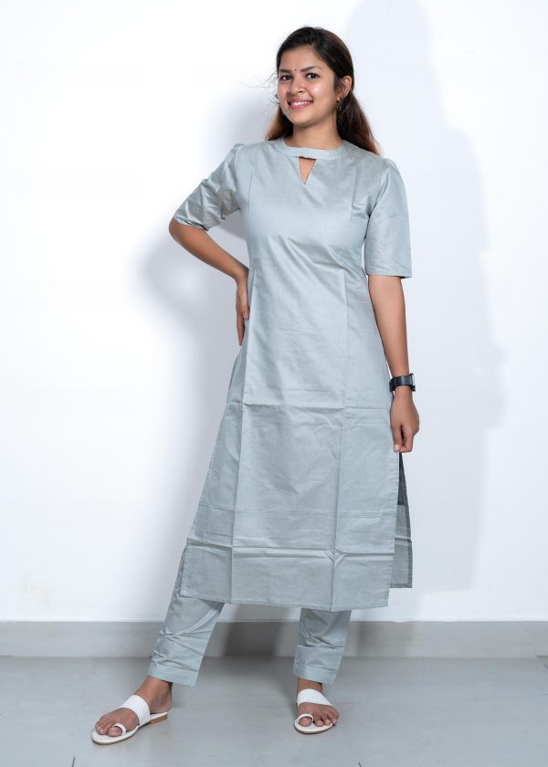 Tusser Silk Pastel Color Plain Top and Bottom with Kota Check Print Dupatta (Grey) 5