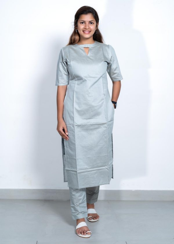 Tusser Silk Pastel Color Plain Top and Bottom with Kota Check Print Dupatta (Grey) 4