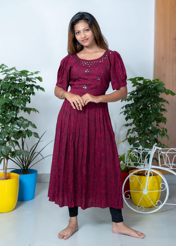 Frock Style Mirror Work Kurthi (Magenta) 2