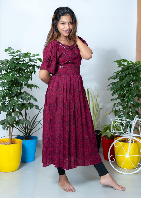 Frock Style Mirror Work Kurthi (Magenta) 1