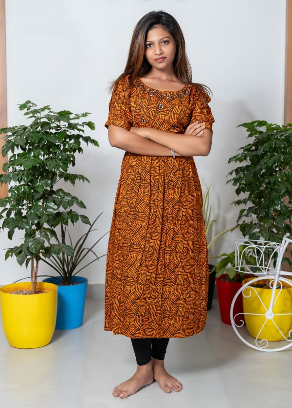 Frock Style Mirror Work Kurthi (Mustard) 2