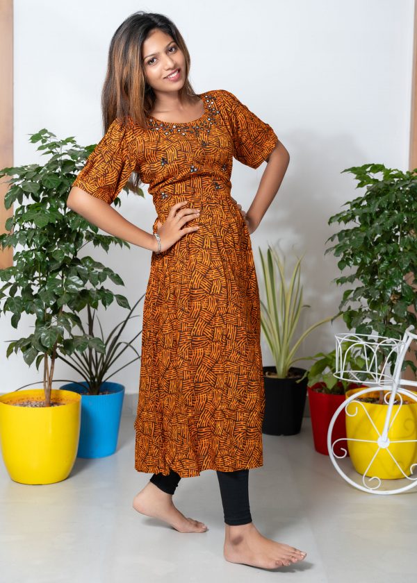 Frock Style Mirror Work Kurthi (Mustard) 1