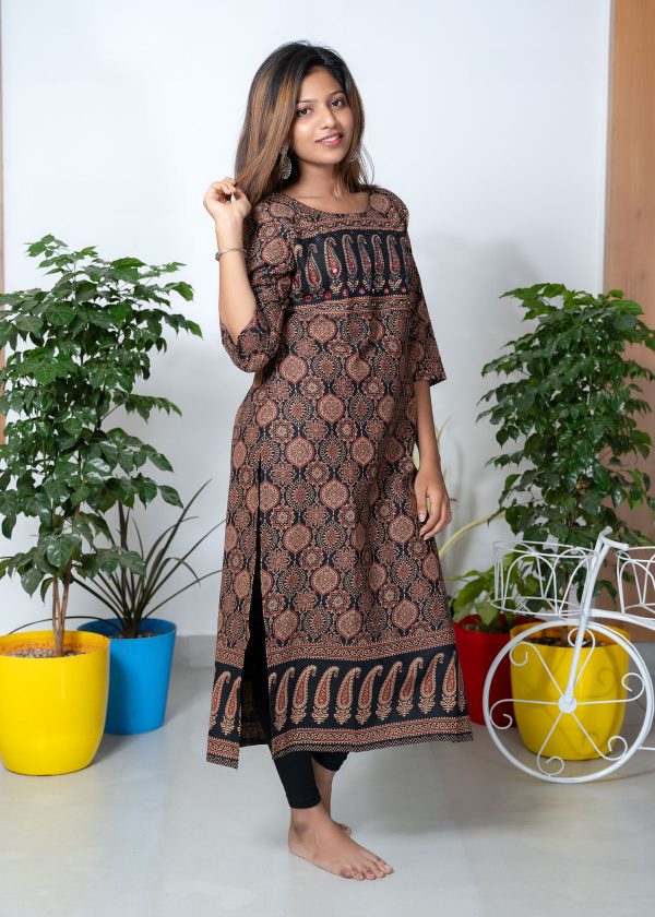 Cotton Slitted Ajrak Kurthi (Black) 2