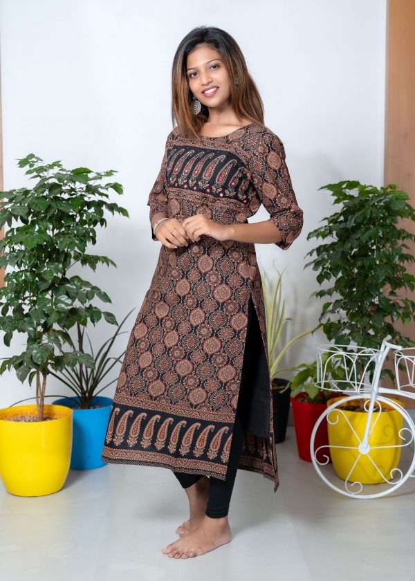 Cotton Slitted Ajrak Kurthi (Black) 1